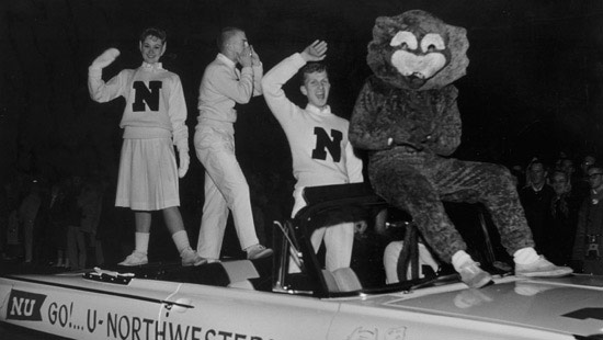 1960 - Decades after his appearance on the sidelines, Willie the Wildcat rides in a Homecoming parade. ˿Ƶ athletes were first called "wildcats" after a 1924 game against the University of Chicago.